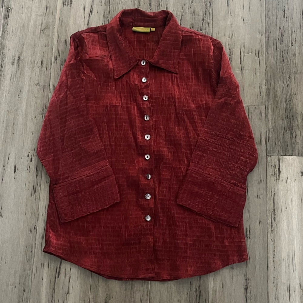 Vintage Serrahna 3/4 Sleev Iridescent Crinkle Shirt Deep Red Size XL